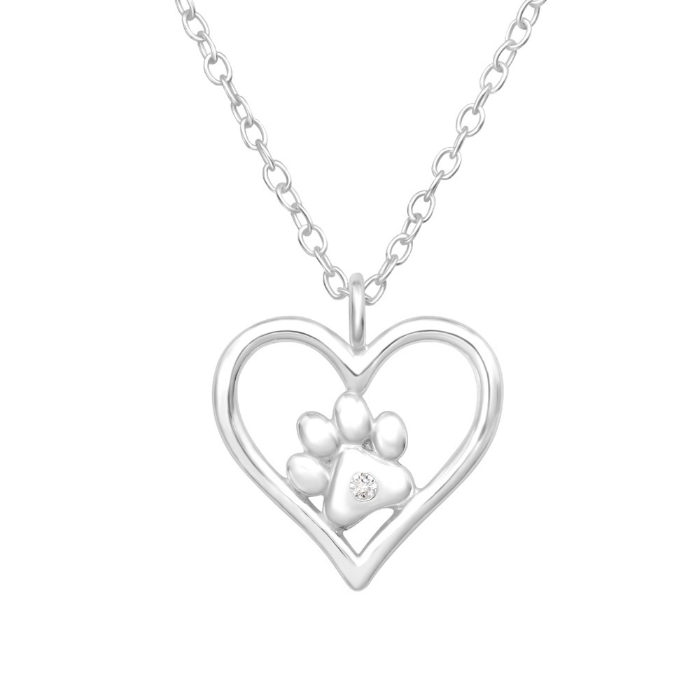 Sterling Silver Heart & Paw Print Necklace – CZ Accent Pet Lover Gift